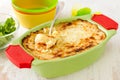 Baked mashed potato with fish in green dish Royalty Free Stock Photo