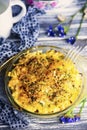 Baked mashed potatoes with sausages and cheese Royalty Free Stock Photo