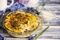 Baked mashed potatoes with sausages and cheese Royalty Free Stock Photo