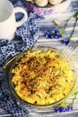 Baked mashed potatoes with sausages and cheese Royalty Free Stock Photo