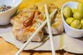 Baked meat with barbecue sauce and chinese sticks Royalty Free Stock Photo