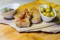 Baked meat with barbecue sauce and chinese sticks Royalty Free Stock Photo