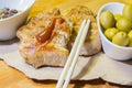 Baked meat with barbecue sauce and chinese sticks Royalty Free Stock Photo