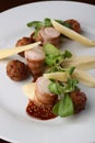 Baked meat rabbit roll and rissole with chees, souses on white plate. Close up Royalty Free Stock Photo