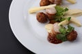 Baked meat rabbit roll and rissole with chees, souses on white plate. Close up Royalty Free Stock Photo