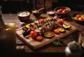 Baked meat on a skewer, kebab and baked vegetables on a wooden tray.