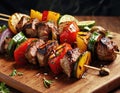 Baked meat on a skewer, kebab and baked vegetables on a wooden tray.