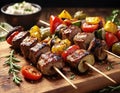 Baked meat on a skewer, kebab and baked vegetables on a wooden tray.