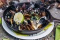 Baked Mediterranean mussels with lime. Sea Food