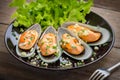 Baked mussels with garlic on plate Royalty Free Stock Photo