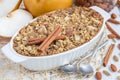 Baked oatmeal with nuts, almond milk, spices and asian pear Royalty Free Stock Photo