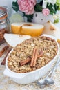 Baked oatmeal with nuts, almond milk, spices and asian pear Royalty Free Stock Photo
