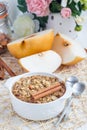 Baked oatmeal with nuts, almond milk, spices and asian pear Royalty Free Stock Photo