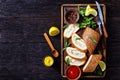 Baked Omelet Roll on a wooden tray Royalty Free Stock Photo