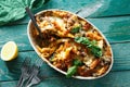 Baked pasta chicken ham cheese pumpkin comfort food top view Royalty Free Stock Photo