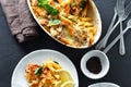 Baked pasta chicken ham mozzarella cheese pumpkin top view comfort food Royalty Free Stock Photo