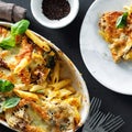 Baked pasta chicken ham mozzarella cheese pumpkin top view comfort food Royalty Free Stock Photo