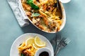 Baked pasta chicken ham parmesan pumpkin comfort food top view Royalty Free Stock Photo