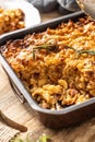 Baked pasta with smoked meat, sausage, egg, cheese and spices. Traditional Czech food Royalty Free Stock Photo