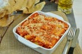 Baked pasta with tomato, cheese and meat and vegetables inside Royalty Free Stock Photo