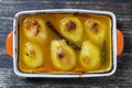 Baked pears in orange juice, close up. Delicious dessert Royalty Free Stock Photo