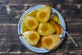 Baked pears in orange juice, close up. Delicious dessert Royalty Free Stock Photo