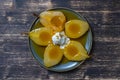 Baked pears in orange juice, close up. Delicious dessert Royalty Free Stock Photo