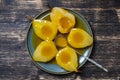 Baked pears in orange juice, close up. Delicious dessert Royalty Free Stock Photo