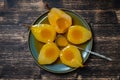 Baked pears in orange juice, close up. Delicious dessert Royalty Free Stock Photo