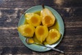 Baked pears in orange juice, close up. Delicious dessert Royalty Free Stock Photo