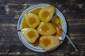 Baked pears in orange juice, close up. Delicious dessert Royalty Free Stock Photo