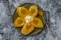 Baked pears in orange juice with ice cream, close up. Delicious dessert Royalty Free Stock Photo