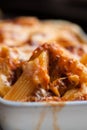 Baked penne pasta with tomato sauce and cheese Royalty Free Stock Photo