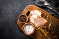 Baked pork meat with spices and herbs. Top view. Royalty Free Stock Photo