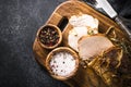 Baked pork meat with spices and herbs. Top view. Royalty Free Stock Photo