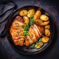 baked pork with potato wedges on black plate Royalty Free Stock Photo