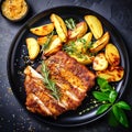 baked pork with potato wedges on black plate Royalty Free Stock Photo