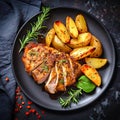 baked pork with potato wedges on black plate Royalty Free Stock Photo