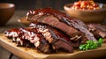 Baked pork ribs with barbecue sauce. grilled pork ribs with sauce on a cutting board , spice, marinade, closeup. Roasted sliced