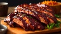 Baked pork ribs with barbecue sauce. Smoked BBQ Ribs. Slow cooking. Smoked pork meat ready to be eaten on wooden plate