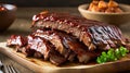 Baked pork ribs with barbecue sauce. Smoked BBQ Ribs. Slow cooking. Smoked pork meat ready to be eaten on wooden plate