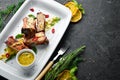 Baked pork ribs with honey sauce. Dishes, food.