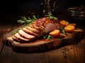 Baked Pork Slices on Wooden Table. Roasted Sliced Loin, Tenderloin Ham Piece, Baked Meat Fillet Royalty Free Stock Photo