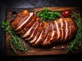 Baked Pork Slices on Wooden Table. Roasted Sliced Loin, Tenderloin Ham Piece, Baked Meat Fillet Royalty Free Stock Photo