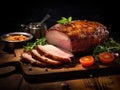 Baked Pork Slices on Wooden Table. Roasted Sliced Loin, Tenderloin Ham Piece, Baked Meat Fillet Royalty Free Stock Photo