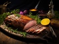 Baked Pork Slices on Wooden Table. Roasted Sliced Loin, Tenderloin Ham Piece, Baked Meat Fillet Royalty Free Stock Photo