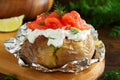 Baked potato with cream of the cream cheese and salted salmon, Royalty Free Stock Photo