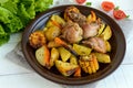 Baked potato with pieces roast goose, vegetables and corn grill Royalty Free Stock Photo