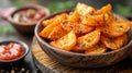 Baked potato slices in bowl with sauce and spices
