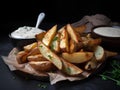 Baked potato wedges with sour cream and parsley on dark background